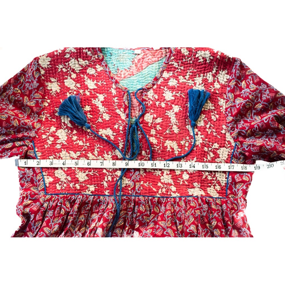 Indian Boho Block Print Hand Stitched Red Kantha Bodice Maxi Dress Sz Small - Picture 8 of 11